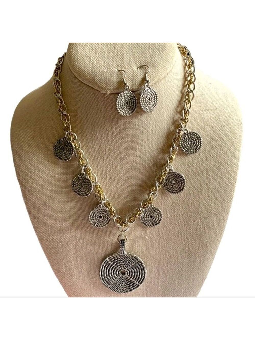 Silver Tone with Gold Tone Disk Necklace & Pierced Earring Set